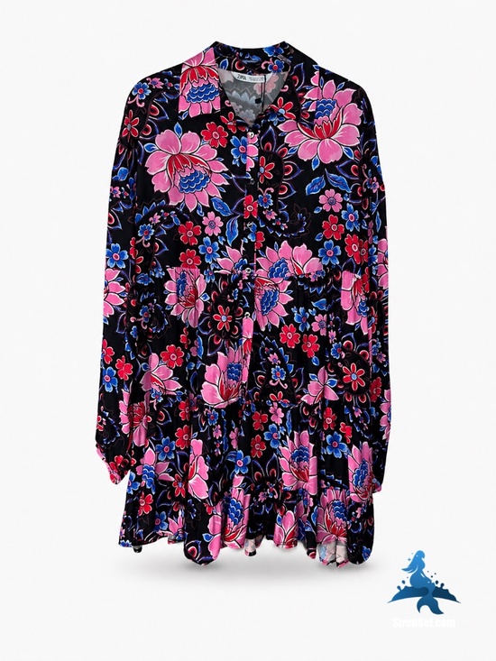 Zara Dresses & Skirts - 1127 NWT Zara Floral Tiered Shirt Dress Mini - L - Black Multicolor